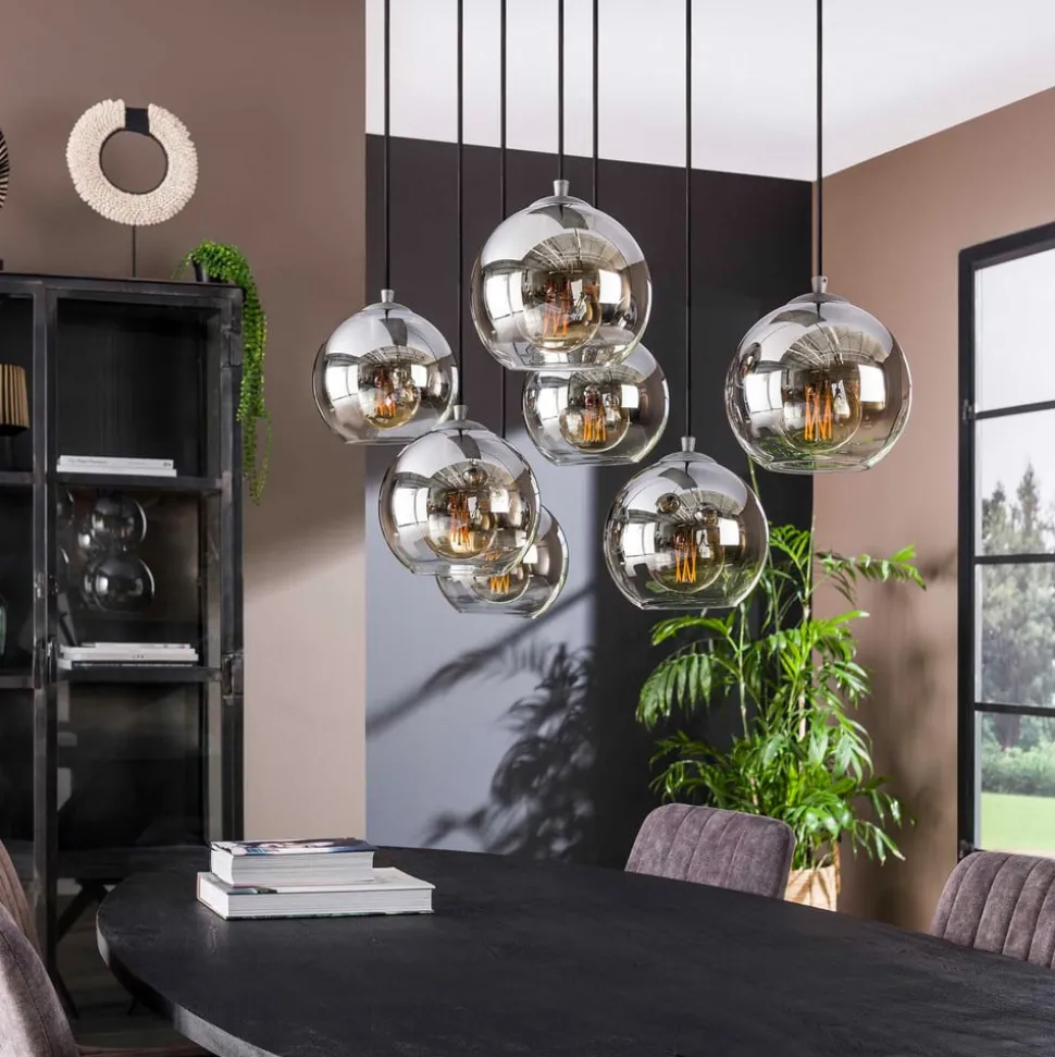 Allessandra hanglamp, 7-lamps, Ø 18 cm, rookgrijs, glas