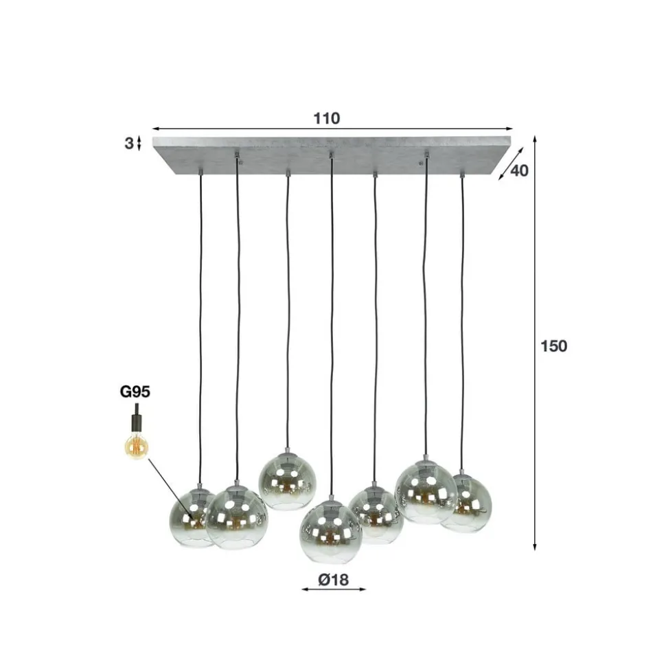 Allessandra hanglamp, 7-lamps, Ø 18 cm, rookgrijs, glas