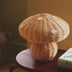 Allie tafellamp, rotan, paddestoelvorm, natuurlijk bruin