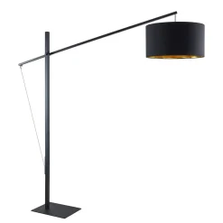 Arcchio gebogen vloerlamp Mossa, 200 cm, zwart-goud, textiel