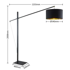 Arcchio gebogen vloerlamp Mossa, 200 cm, zwart-goud, textiel
