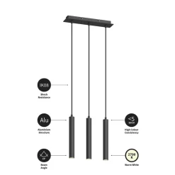 Arcchio LED hanglamp Franka, 3-lamps, lang, zwart, aluminium