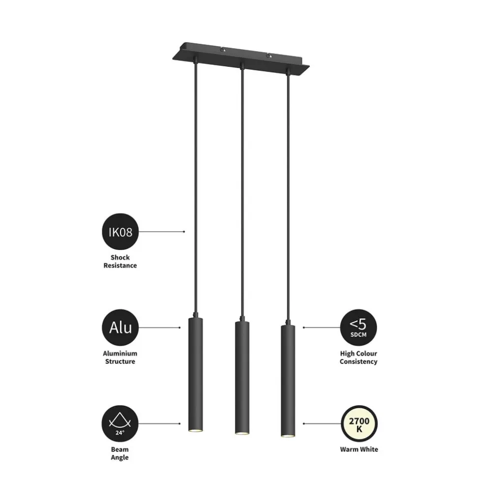 Arcchio LED hanglamp Franka, 3-lamps, lang, zwart, aluminium