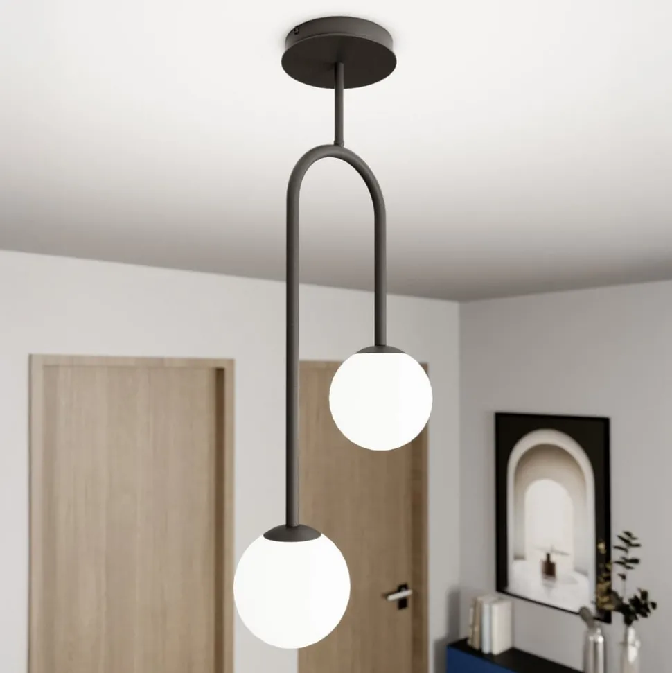 Atria plafondlamp, opaal/zwart, hoogte 76 cm, metaal, 2-lamps.