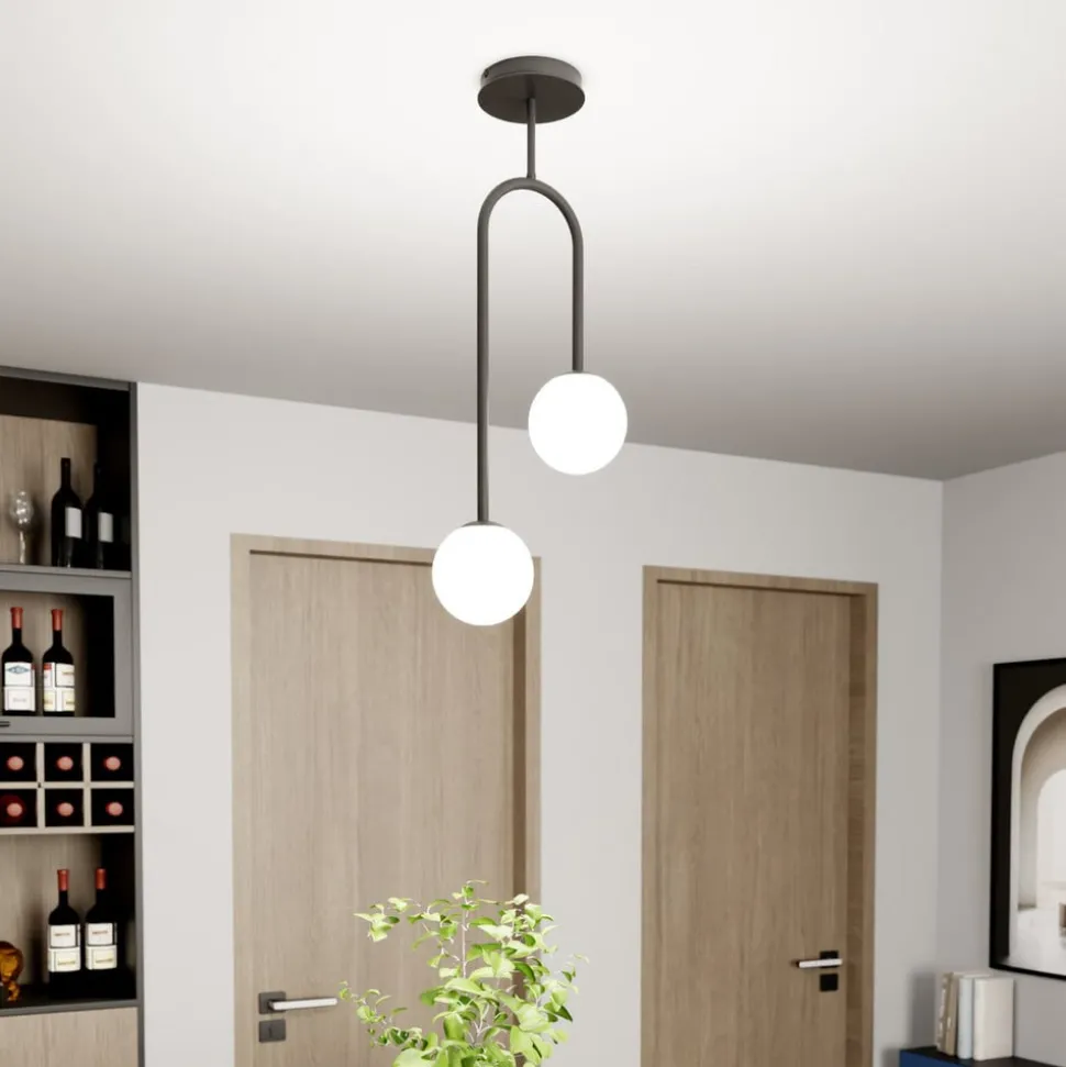 Atria plafondlamp, opaal/zwart, hoogte 76 cm, metaal, 2-lamps.