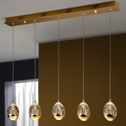 Balk hanglamp Rocio, 5-lichts, metaal, glas, goud