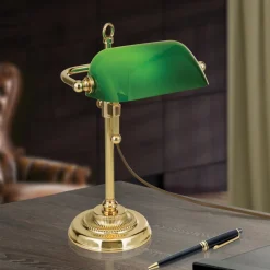 Bankierslamp Harvard, messing/groen, hoogte 32 cm