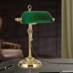 Bankierslamp Harvard, messing/groen, hoogte 32 cm