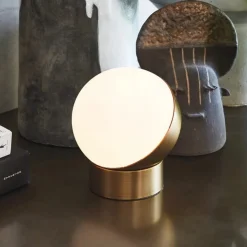 Beacon tafellamp Mikoh, antiek messingkleurig metaal, glas