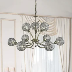 Bellis II kroonluchter, antiek messing, glas, 9-lamps, G9