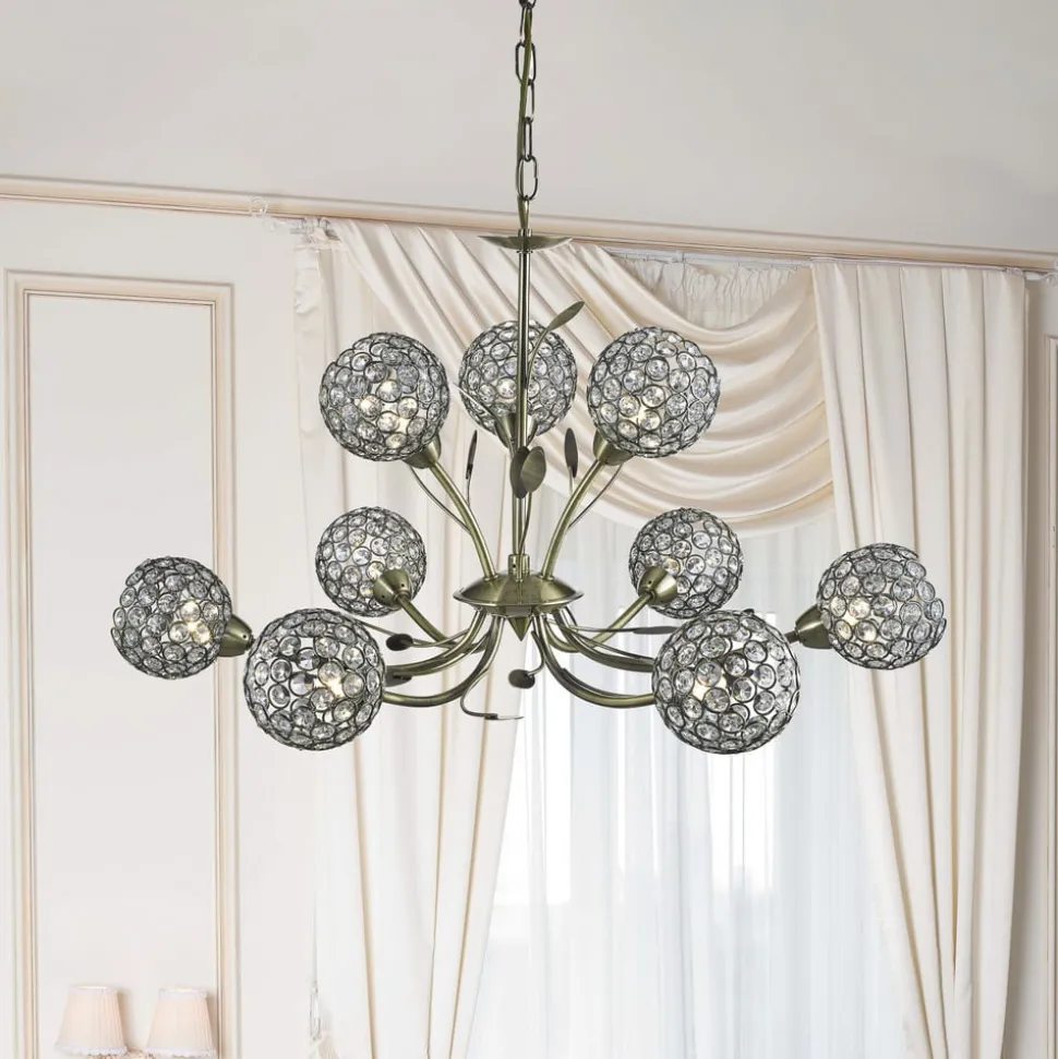 Bellis II kroonluchter, antiek messing, glas, 9-lamps, G9