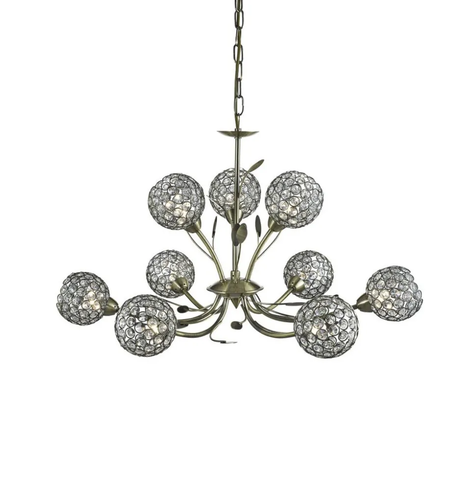 Bellis II kroonluchter, antiek messing, glas, 9-lamps, G9