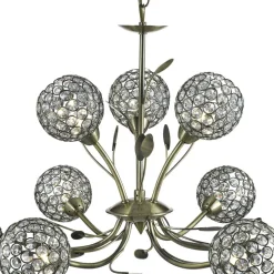 Bellis II kroonluchter, antiek messing, glas, 9-lamps, G9