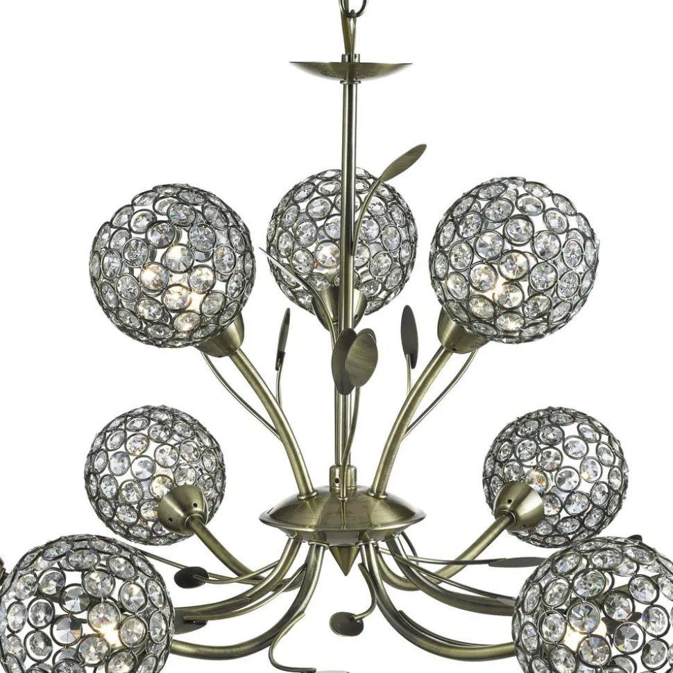 Bellis II kroonluchter, antiek messing, glas, 9-lamps, G9