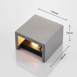Beton-wandlamp Smira in grijs, 12,5 x 12,5 cm