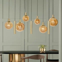 Bollique hanglamp, messing, 9-lamps lang, glas, metaal