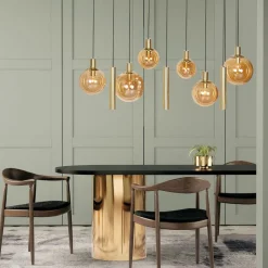 Bollique hanglamp, messing, 9-lamps lang, glas, metaal