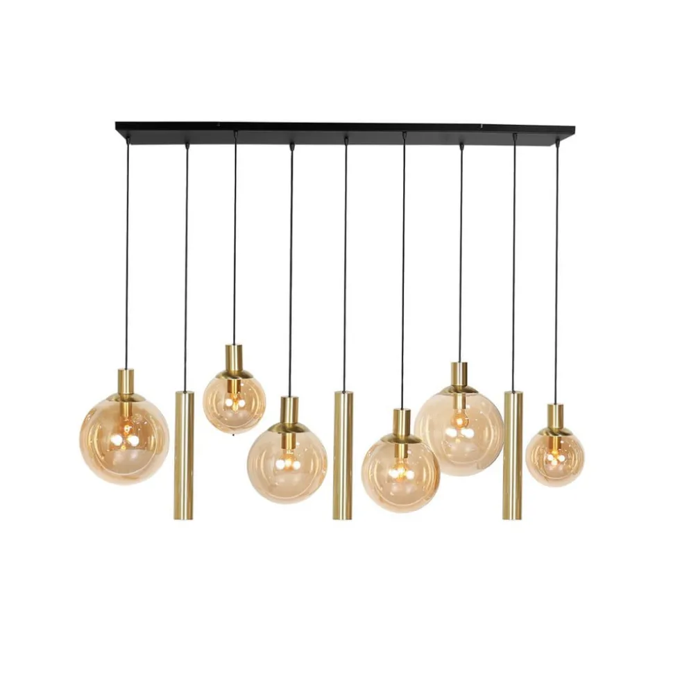 Bollique hanglamp, messing, 9-lamps lang, glas, metaal