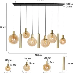 Bollique hanglamp, messing, 9-lamps lang, glas, metaal