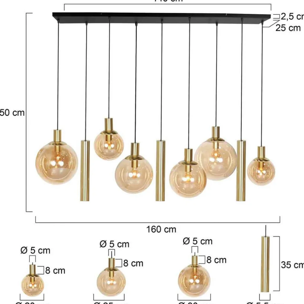 Bollique hanglamp, messing, 9-lamps lang, glas, metaal