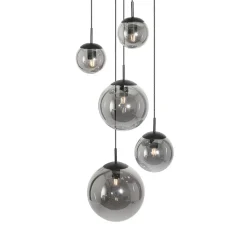Bollique hanglamp, rookgrijs/zwart, glas, 5-lamps