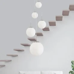 Bollique hanglamp, staal, opaal wit, glas, 5-lamps rond