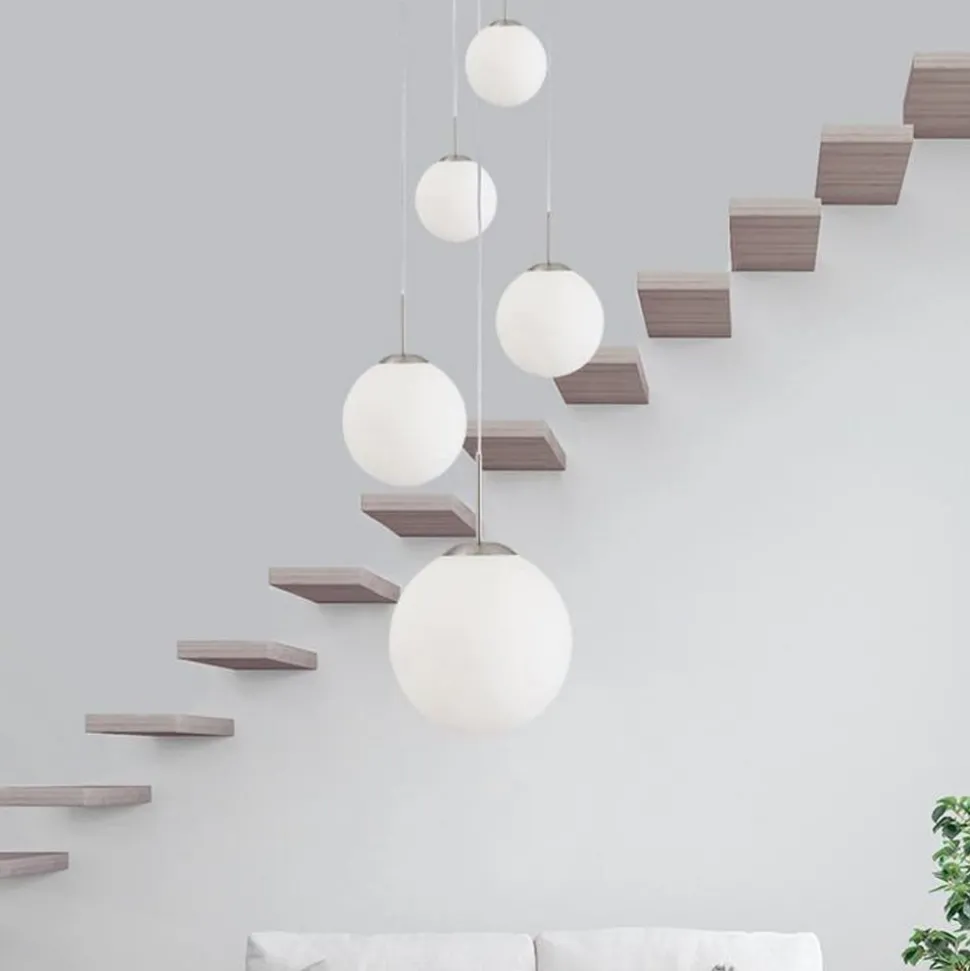 Bollique hanglamp, staal, opaal wit, glas, 5-lamps rond