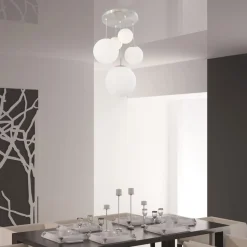 Bollique hanglamp, staal, opaal wit, glas, 5-lamps rond