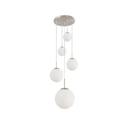 Bollique hanglamp, staal, opaal wit, glas, 5-lamps rond