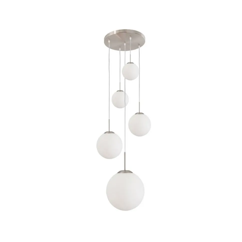 Bollique hanglamp, staal, opaal wit, glas, 5-lamps rond