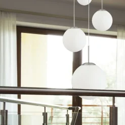 Bollique hanglamp, staal, opaal wit, glas, 5-lamps rond