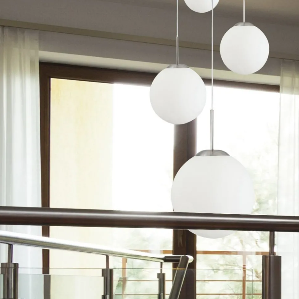 Bollique hanglamp, staal, opaal wit, glas, 5-lamps rond