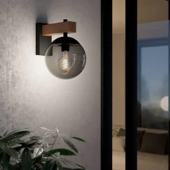 Bufalata buitenwandlamp, zwart/hout/rookgrijs