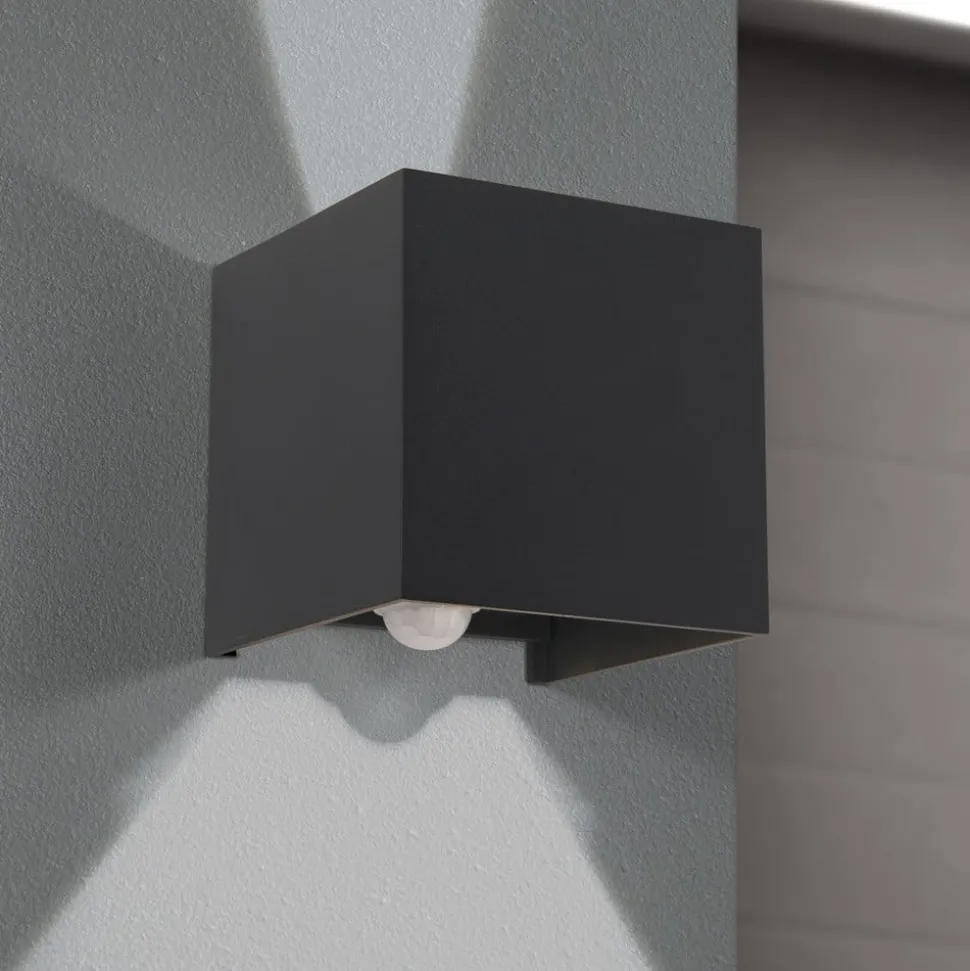 Buitenwandlamp Cube-S, antraciet, metaal, sensor