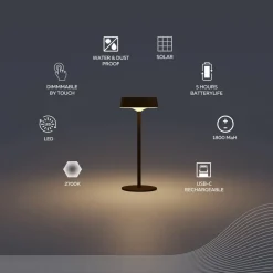 Calex LED tafellamp op zonne-energie met accu Parma, dimbaar, zwart