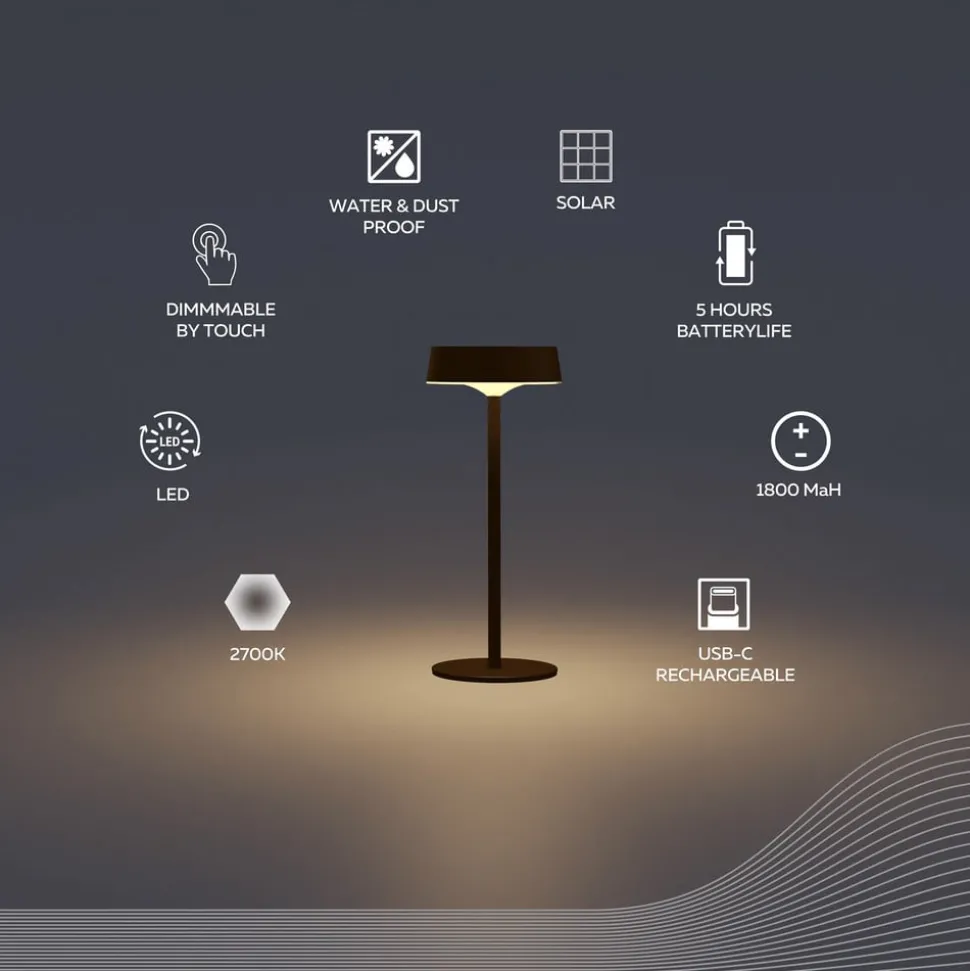 Calex LED tafellamp op zonne-energie met accu Parma, dimbaar, zwart