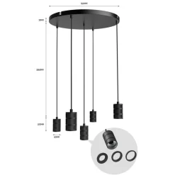 Calex Retro hanglamp, rond, 5-lamps, zwart