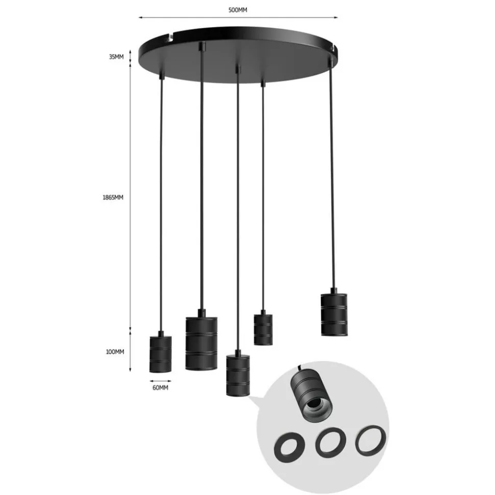 Calex Retro hanglamp, rond, 5-lamps, zwart