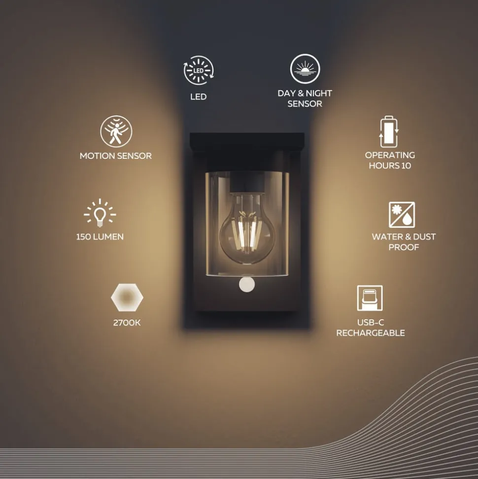 Calex Solar LED buiten wandlamp Asti, sensor, IP44, zwart