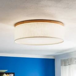 Canvas plafondlamp, beige, eikenhout, Ø 48 cm, E27