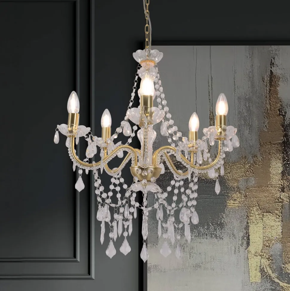 Cecilia kroonluchter, goud, ijzer/acryl, Ø 52 cm, 5-lamps.