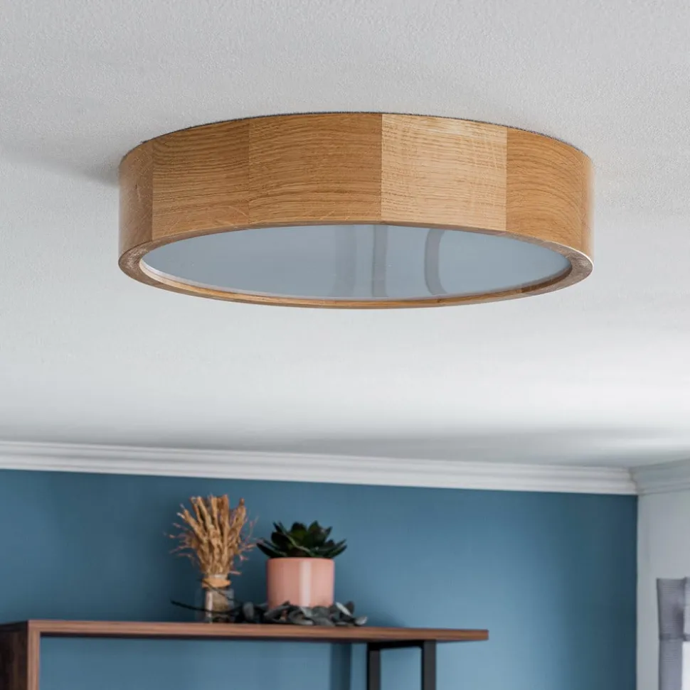 Cleo DR375 plafondlamp, IP54, Ø 37,5 cm, eikenhout, E27