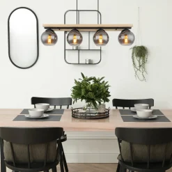 Conni hanglamp, lengte 85 cm, rookgrijs, hout/glas, 4-lamps.