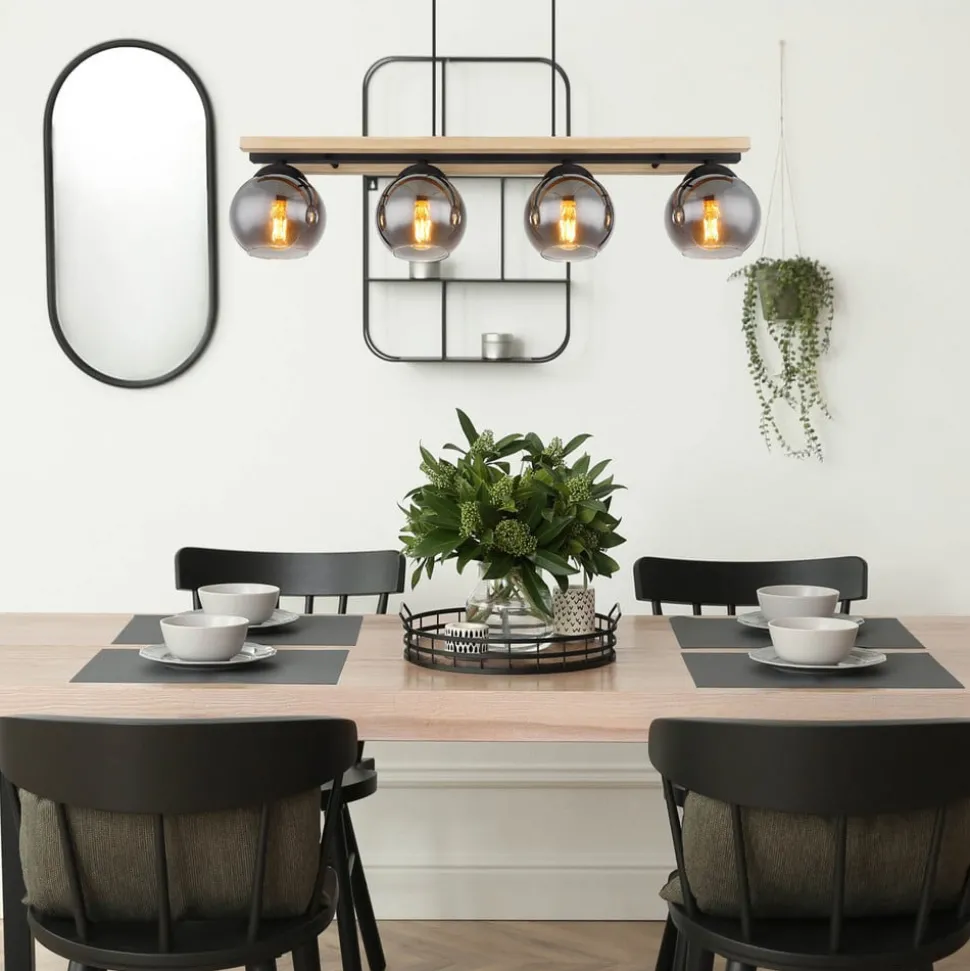 Conni hanglamp, lengte 85 cm, rookgrijs, hout/glas, 4-lamps.