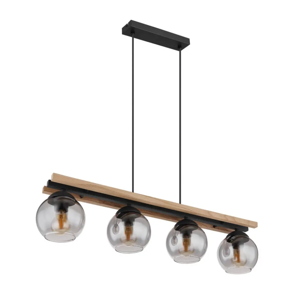 Conni hanglamp, lengte 85 cm, rookgrijs, hout/glas, 4-lamps.