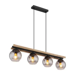 Conni hanglamp, lengte 85 cm, rookgrijs, hout/glas, 4-lamps.