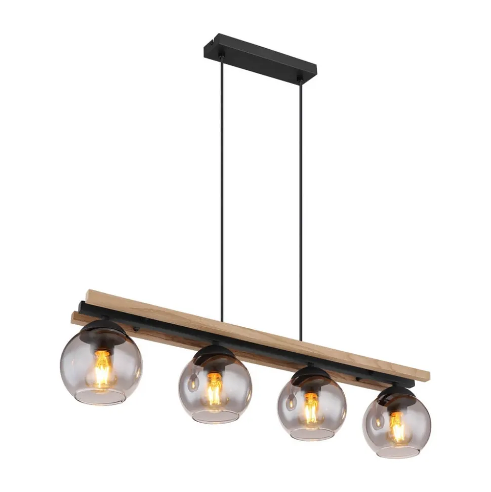 Conni hanglamp, lengte 85 cm, rookgrijs, hout/glas, 4-lamps.