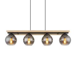 Conni hanglamp, lengte 85 cm, rookgrijs, hout/glas, 4-lamps.