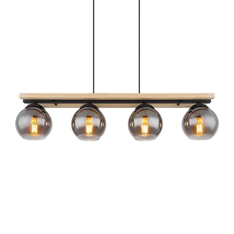 Conni hanglamp, lengte 85 cm, rookgrijs, hout/glas, 4-lamps.