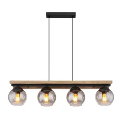 Conni hanglamp, lengte 85 cm, rookgrijs, hout/glas, 4-lamps.